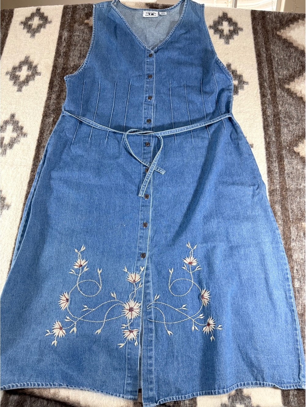 Vintage T&R Denims Embroidered Button Front Maxi Dress Cottagecore Women's XL